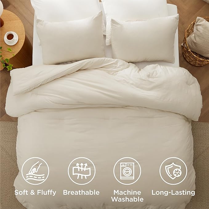 Bedsure Queen Size Comforter Set, Cream Soft Prewashed Bedding for All Seasons, 3 Pieces GentleSoft™ Warm Down Alternative Bed Set, 1 Lightweight Comforter (90"x90") and 2 Pillowcases (20"x26")