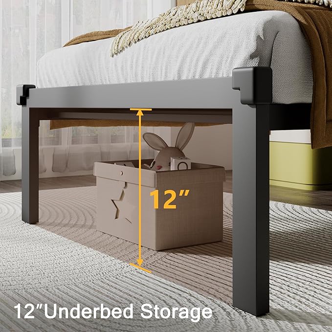 Twin Size Metal Bed Frame, Platform Bed with Upholstered Button Tufted Headboard, 12" Underbed Storage, Steel Slats Support, No Box Spring Needed, Easy Assembly, Noise-Free, Dark Grey