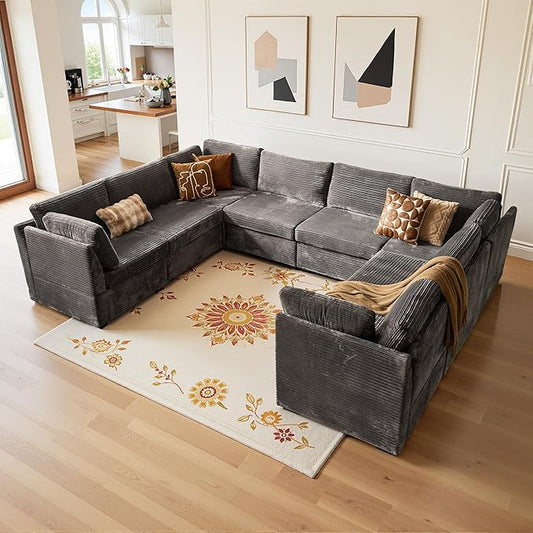 Large 8 Seat Modular Sectional Sofa with Ottoman Seat Corduroy Sleeper Sectional Sofa Bed Oversized Convertible Modular Couch for Living Room