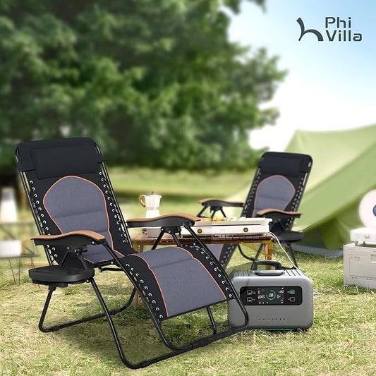 PHI VILLA XXL Oversized Padded Zero Gravity Chair, Foldable Patio Recliner, 30" Wide Seat Anti Gravity Lounger with Cup Holder, Support 400 LBS (Black & Orange Accents)