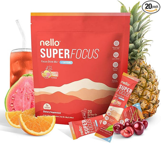 Nello Superfocus Fruit Punch with Caffeine– Nootropic Focus Drink Mix, 20 On-The-Go Packets, Alpha GPC, Lion’s Mane, Rhodiola, Sugar-Free