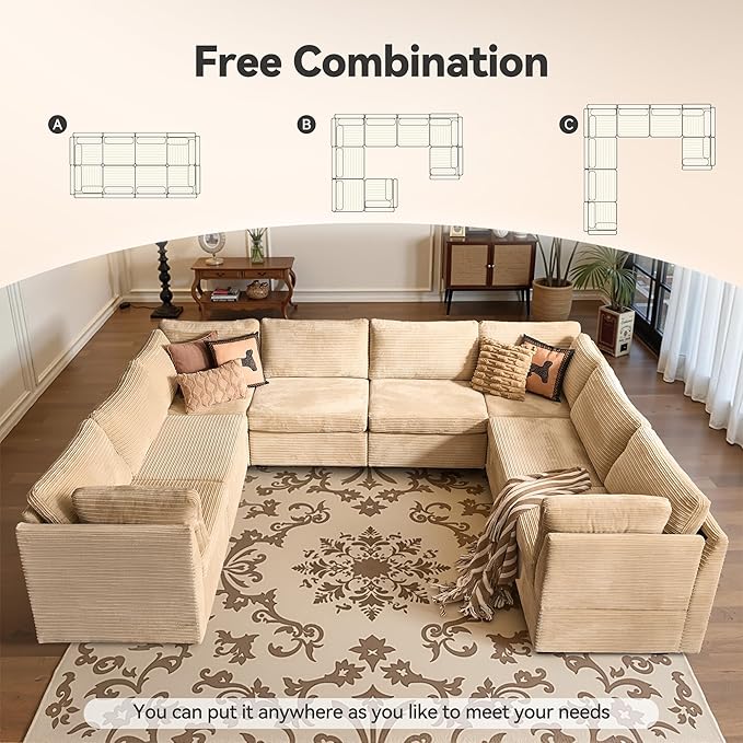 Large 8 Seat Modular Sectional Sofa with Ottoman Seat Corduroy Sleeper Sectional Sofa Bed Oversized Convertible Modular Couch for Living Room