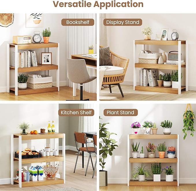 Giantex 3 Tier Bookshelf, Freestanding Wooden Bookcase with Dual Anti-Tipping Kits, Open Display Rack Shelving Unit, Storage Organizer for Living Room, Bedroom & Study (1,Natural & White)