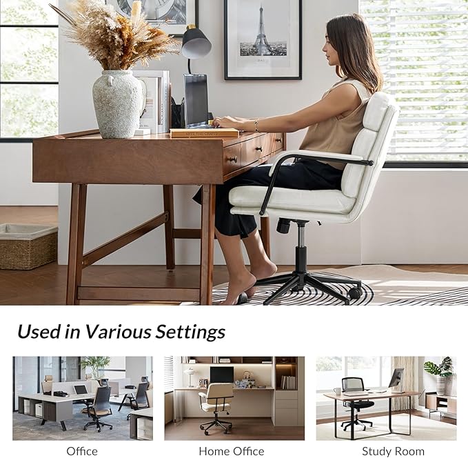 HULALA HOME Modern Faux Leather Home Office Chair with Tilt Lock & Metal Base, Desk Chair with Wheels & Padded Cushion, 360° Swivel Wide Seat Computer Task Chair, White