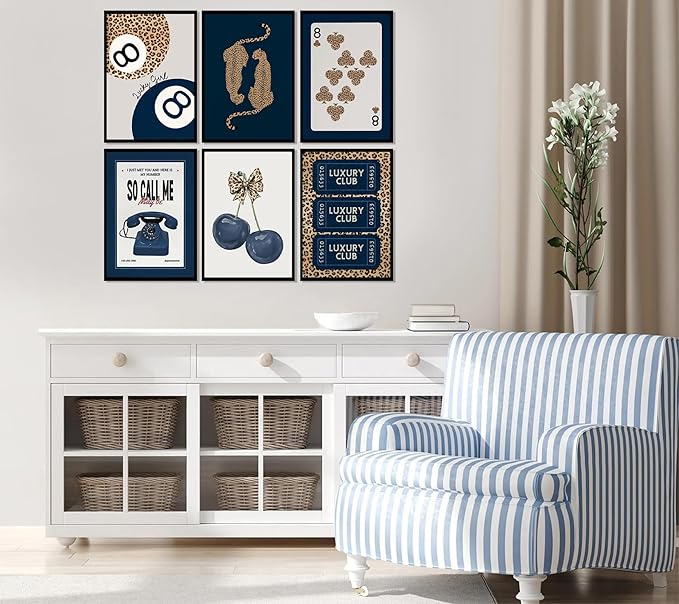 6Pcs Navy Blue Trendy Leopard Canvas Wall Art Fashion Lucky 8 Ball Painting pictures Preppy Y2K Aesthetics Wall Decor Trend Cheetah Prints Artwork for College Dorm Home Decoration 8x10in Unframed