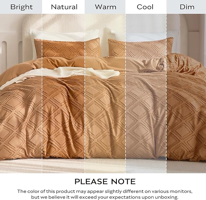 JELLYMONI Duvet Cover King Size Rust - 3PCS Boho Duvet Cover Set Plaid Polyester Tufted Bohemian Jacquard Knit Textured Comforter Cover 104×90in Rhombic Geometric Pattern Zipper Corner Tie