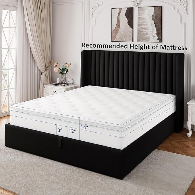 Queen Size Lift Up Storage Bed, Upholstered Platform Bed Frame with Wingback Headboard, Hydraulic System, Solid Wooden Slats Support, Noise-Free, Easy Assembly, No Box Spring Needed, Black
