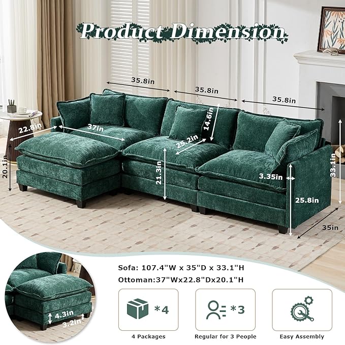 SoarFlash 113.78" Chenille Sectional Sofa, Comfy L Shaped Modular Coush Sofa with Ottoman, Modern 4 Seat Couch Deep Seat Sofa Set for Living Room,Green