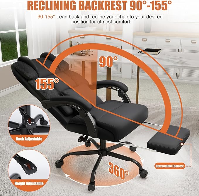 Ergonomic Office Chair with Footrest, 400lbs High Back Executive Home Office Computer Chair with Unique Ear-Shape Headrest for Neck Support,Black Leather Office Chairs for Home Office Work