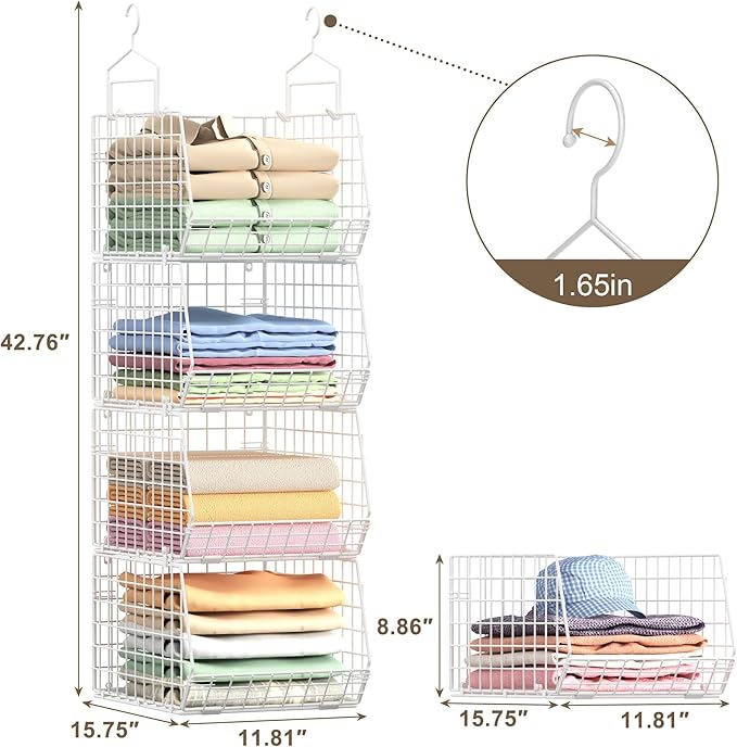 4" Extra Deeper Foldable Hanging Closet Organizer, Small Wire Cabinet Shelves and Storage with 5 S Hooks,4 Tier Metal Basket Bins for Clothes Sweaters Handbags, Wardrobe for Kitchen Laundry Room，White