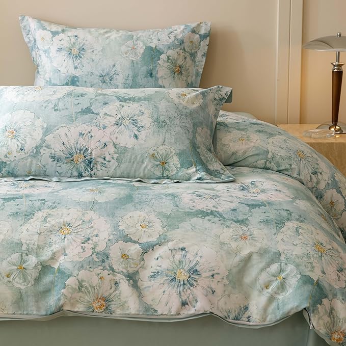 HeimenAogo Egyptian Cotton Duvet Cover Queen Size Sateen Weave, Silky Soft Duvet Cover with Zipper Closure, Long Staple Cotton Bed Linen Watercolor Floral 3 Pcs