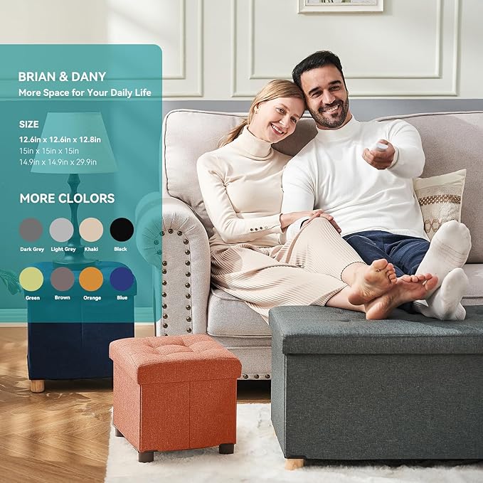 BRIAN & DANY Small Ottoman with Storage, Small Storage Ottoman, Folding Foot Stool with Wood Legs for Living Room and Bedroom Linen Rest Seat, 12.6"x12.6"x12.8" - Orange