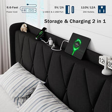 King Bed Frame with 4 Storage Drawers, Upholstered Platform Bed with Charging Station, Modern Wingback Storage Headboard, Easy Assembly,Noise-Free, Black