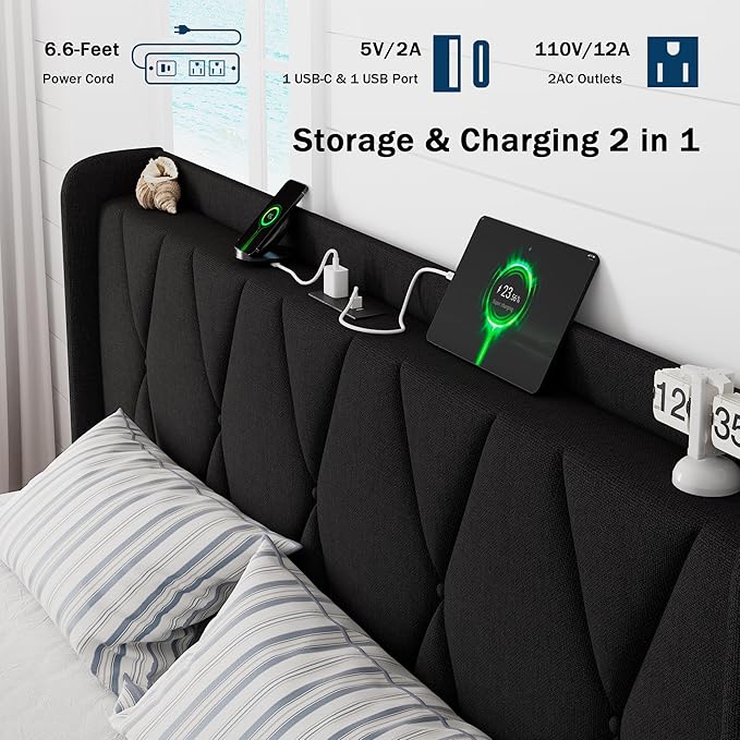 King Bed Frame with 4 Storage Drawers, Upholstered Platform Bed with Charging Station, Modern Wingback Storage Headboard, Easy Assembly,Noise-Free, Black