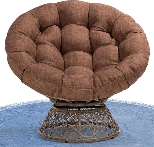 Bme 40" Ergonomic Wicker Papasan Chair with Soft Thick Density Fabric Cushion, High Capacity Steel Frame, 360 Degree Swivel for Living, Bedroom, Reading Room, Lounge, Cinnamon Mocha - Brown Base