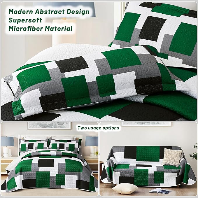 2 Piece Green Quilt Set Twin Size Black Grey White Geometric Reversible Bedding Set Microfiber Lightweight Bedspread Coverlet with 1 Sham Modern Abstract Bed Cover for All Season, 68''x86''