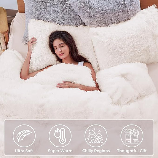 Sasttie 3-Piece Fluffy Duvet Cover Full, Ultra Soft Faux Fur and Velvet Camel Comforter Cover, Luxury Fuzzy Bedding Sets for Winter Bed, Includes 1 Duvet Cover and 2 Pillowcases, No Comforter