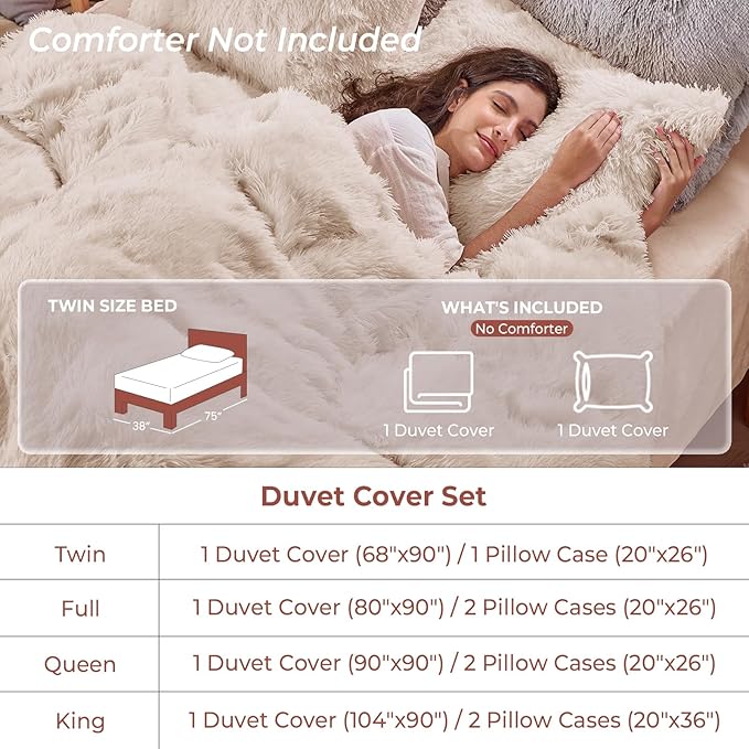 Sasttie 2-Piece Fluffy Duvet Cover Twin/Twin XL, Ultra Soft Faux Fur and Velvet Beige Comforter Cover, Luxury Fuzzy Bedding Sets for Winter Bed, Includes 1 Duvet Cover and 1 Pillowcase, No Comforter