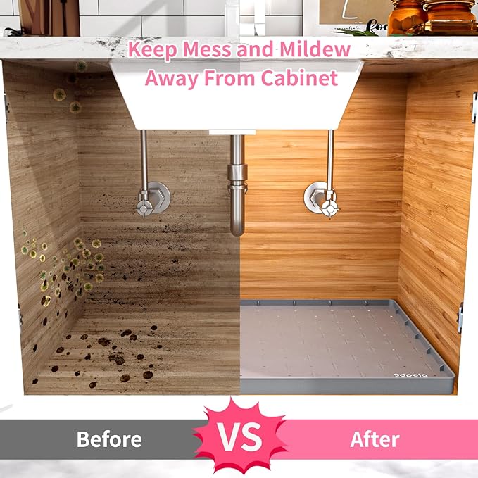 Sdpeia Under Sink Mat 28"×19" Waterproof Silicone Cabinet Liner & Sink Protector for Kitchen & Bathroom, Multi-Purpose Organizers Tray for Pets, Laundry, Cat Litter Mat,Gray