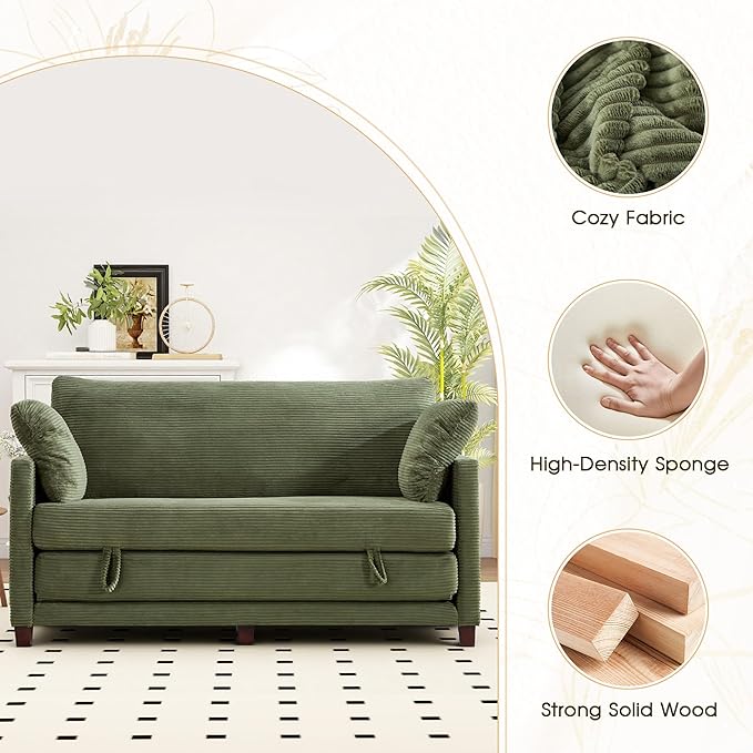 65" Convertible Loveseat Sofa Bed, 2-in-1 Folding Sofa Bed with 2 Pillow for Small Spaces, Modern Loveseat Sleeper Couch for Apartment, Living Room & Guest Room (Green Corduroy, 65 inch)