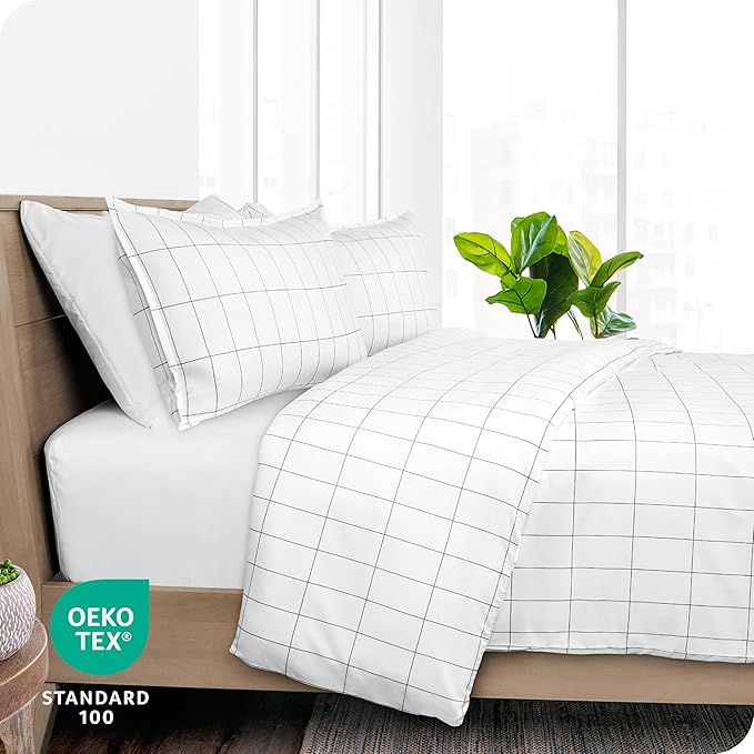 Bare Home Bedding Duvet Cover Extra Long - Premium 1800 Super Soft Collection - Lightweight, Duvet Cover - Soft Textured (Twin/Twin XL, Grid - White/Grey)
