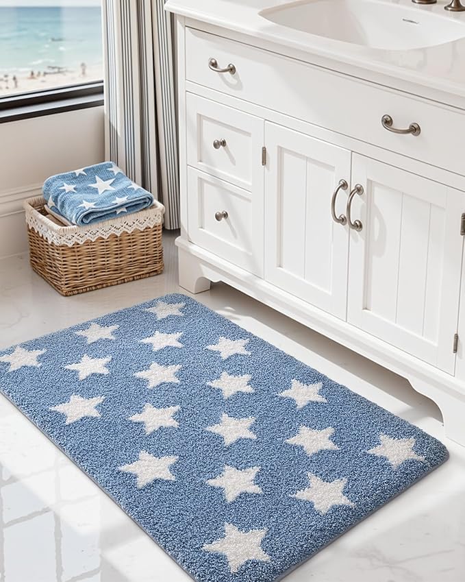 DEXI Star Bathroom Rug, 24x36 Non Slip Washable Bath Mat Absorbent, Ultra Soft Plush Microfiber Bathmat Quick Dry for Shower Floor, Tub, Sink, Light Blue