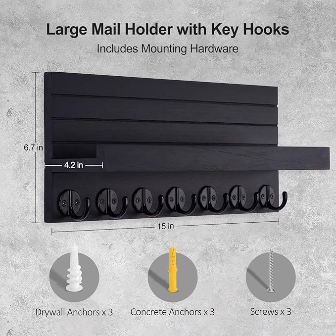 Key Holder Wall Mount, Entryway Key and Mail Holder with 7 Sturdy Hooks for Sunglasses, Dog Leash, Decorative Wall Shelf with Mounting Hardware, 15”W x 6.7”H x 4.2”D