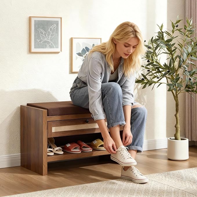 Rattan Shoe Bench Entryway Bench with Storage Drawer and Linen Seat Cushion, Farmhouse Boho Shoe Rack Bench, Wooden Storage Bench for Entryway Hallway and Bedroom - Oak