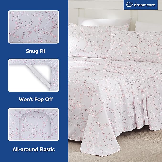 DREAMCARE King Size Sheets - Floral Sheets Bed Set - 4pcs King Sheet - Cooling Bed Sheets - King Size Sheet Sets - Soft & Long Lasting - Floral Blossom DREAMCARE