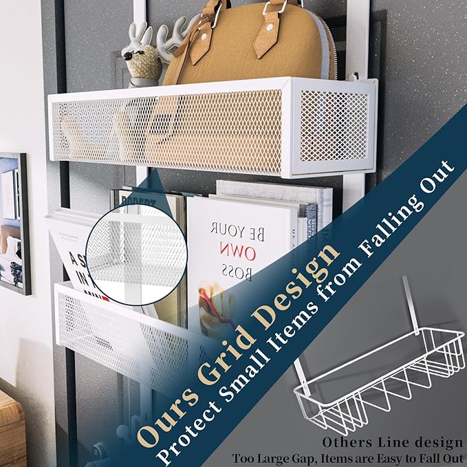 Consumest Over The Door Organizer Hooks, Door Hanger with 9 Coat Hooks & 2 Mesh Basket, Rustproof Back Storage Organizer for Bathroom, Kitchen, Bedroom-White (for 1.76in Doors)