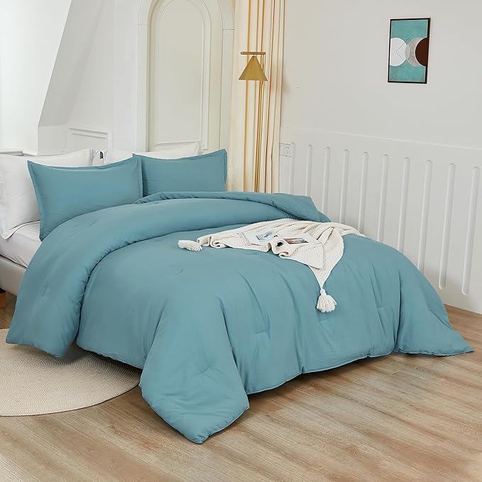 Litanika Comforter Set, Lightweight Solid Bedding Comforter Set, Fluffy Down Alternative Bed Set, Grayish Teal, Oversized Queen