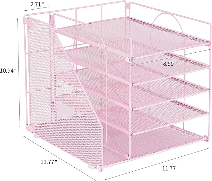 Desk Organizers and Accessories, 5-Tier Paper Letter Tray Organizer with File Holder, Desktop Organizer for Office Supplies (Pink)