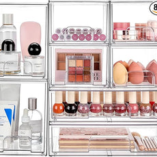 Vtopmart Stackable Storage Drawers Set of 8, Clear Plastic Organizer Bins for Bathroom Supplies,Ideal for Cabinet,Pantry,Laundry Room Organization