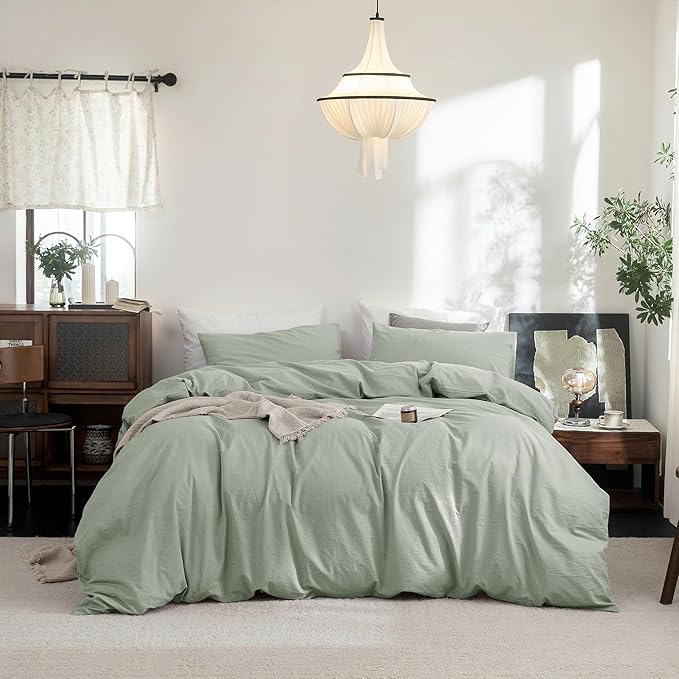 FOSSA Duvet Cover Set 100% Washed Cotton Linen Feel Super Soft Breathable Cozy 3 Pieces Bedding Sets Solid Sage Green Oversized King