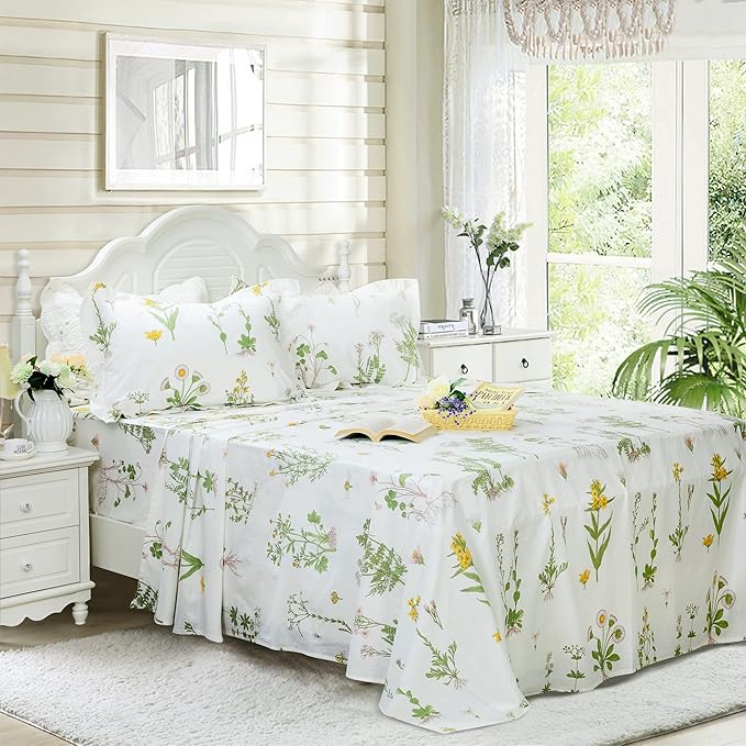 FADFAY Twin Bed Set Girls Bedding Farmhouse Bedding 100% Cotton Floral Bed Sheets Deep Pocket Flower Fitted Sheet Set Cozy House Sheets for All-Season (4Pcs, White, Twin Size)
