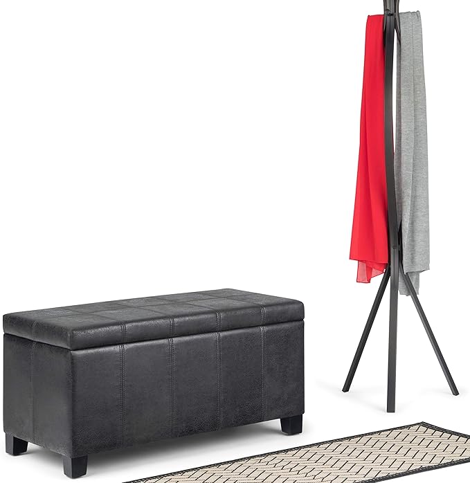 SIMPLIHOME Dover 36 inch Wide Contemporary Rectangle Storage Ottoman Bench in Distressed Black Vegan Faux Leather, Assembled, For the Living Room, Entryway and Family Room