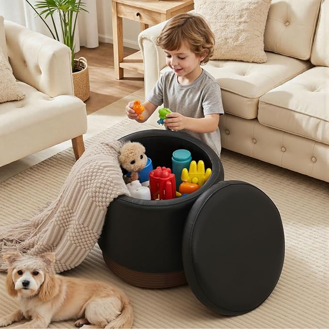 Round Storage Ottoman,Swivel Vanity Stool-Smooth Faux Leather Foot Rest,Footstool Pouf with Sturdy Acacia Wood Frame(500lbs),Small Coffee Table & Hidden Storage Ottoman for Living Room