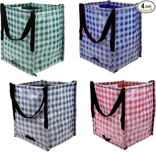 DURASACK Heavy Duty Storage Tote Bag 22-Gallon Rugged Woven Polypropylene Moving Bag, Reusable Self-Standing Design, Holds up to 500 Pounds, Pack of 4, Gingham Multicolored
