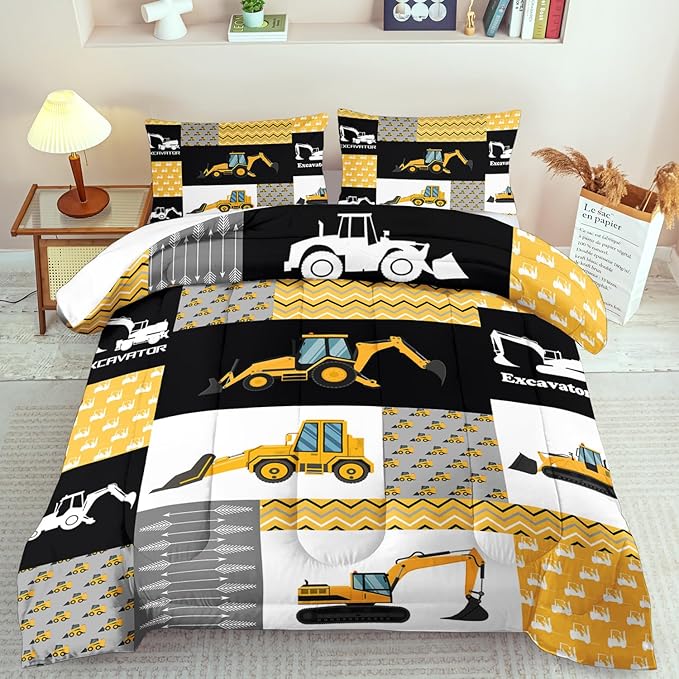 Construction Comforter Set Queen Boys,Yellow Queen Construction Bedding Set,Engineering Vehicles Comforter Yellow Bedroom Decor Kids,Truck Quilt Cartoon Truck Bedding for Teen