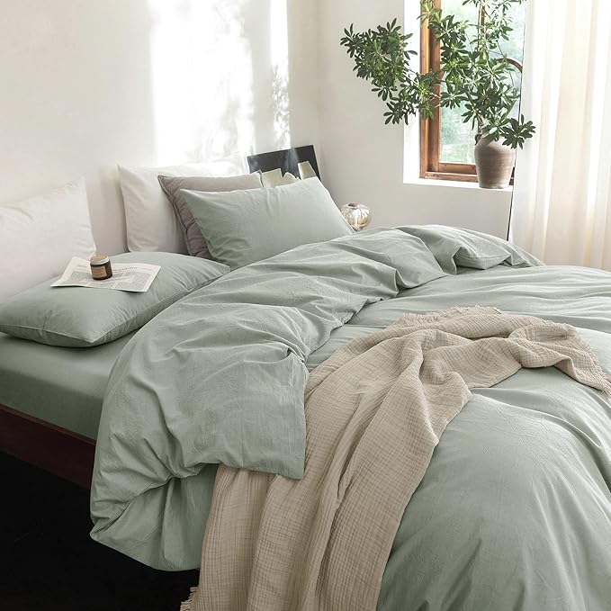 FOSSA Duvet Cover Set 100% Washed Cotton Linen Feel Super Soft Breathable Cozy 3 Pieces Bedding Sets Solid Sage Green Oversized King