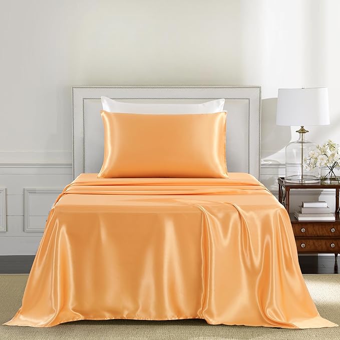 Satin Sheets Twin Size - 3 Pieces Luxury Silky Soft Bed Sheets for Kids, Wrinkle-Free Gold Satin Silk Sheet Set with 1 Deep Pocket Fitted Sheet, 1 Flat Sheet, 1 Pillow case