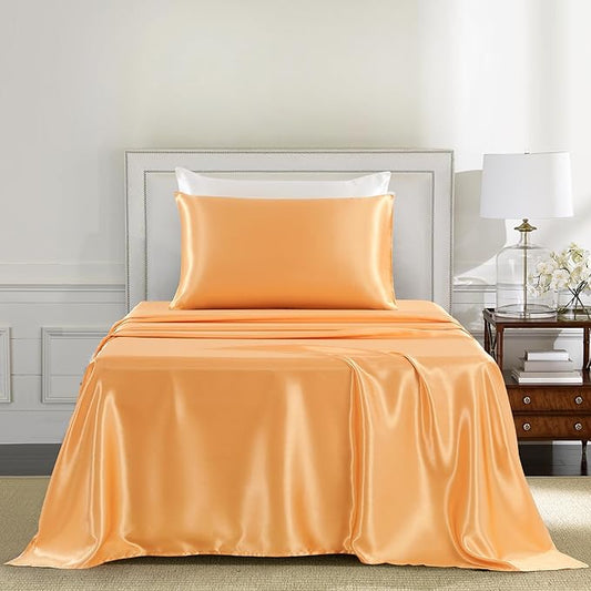 Satin Sheets Twin Size - 3 Pieces Luxury Silky Soft Bed Sheets for Kids, Wrinkle-Free Gold Satin Silk Sheet Set with 1 Deep Pocket Fitted Sheet, 1 Flat Sheet, 1 Pillow case