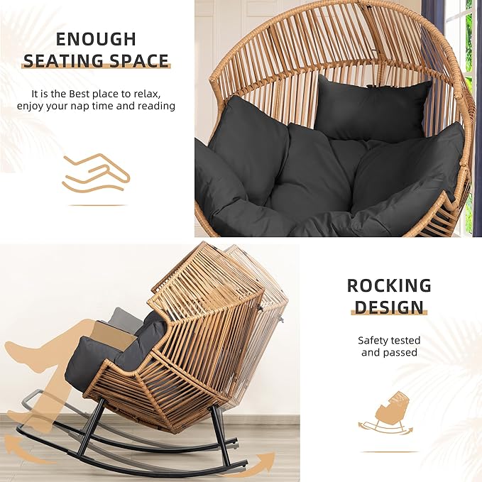 Vongrasig Comfy Wicker Rocking Egg Chair, Soft Thick Cushion Rattan Lounge Chair, High Capacity Steel Frame, Reading Chair for Living Room, Bedroom, Dorm Rooms (Black)