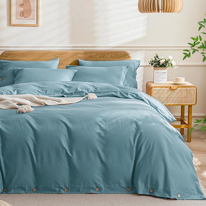 JELLYMONI Cotton Duvet Cover Cal King Size - Grayish Blue Comforter Cover with Button 100% Washed Cotton 3PCS Breathable Soft Solid Bedding Set Duvet Cover 104×98in & 2 Pillowcases (NO Comforter)