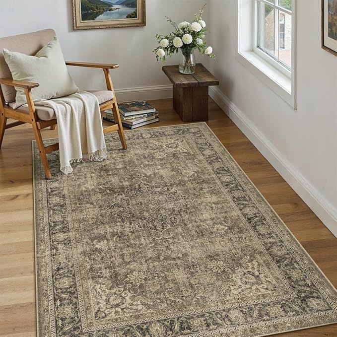 3x5 Washable Brown Area Rug Vintage Entryway Office Carpet Non-Slip Soft Low Pile Distressed Throw Rug for Entrance Living Room Bathroom Dining Room