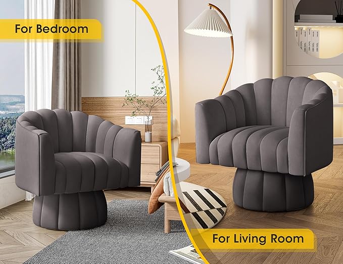 Accent Chair Mid Century 360 Degree Swivel Chair,Modern Lounge Sofa Round Barrel Chair with Wide Upholstered,Fluffy Velvet Fabric Chairs for Home Sofa Living Room/Bedroom/Waiting Room (Grey)