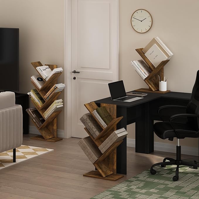 Furinno Tree Book Shelf, 5-Tier Bookshelf, Tree Bookcase for Room Decor, 8.4 x 15.7 x 30.3, for Living Room, Bedroom, Home Office, Amber Pine