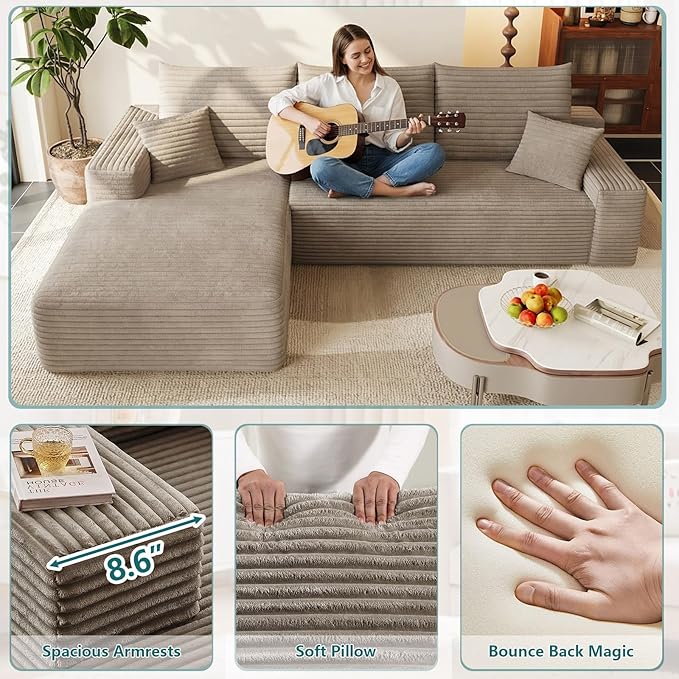 95" Modular Sectional Couch, Boneless L Shaped Cloud Sofa with Chaise Lounge, Corduroy Upholstered Couches Memory Foam Deep Seat, No Assembly Required, Ideal for Living Room(Camel, Left Facing)
