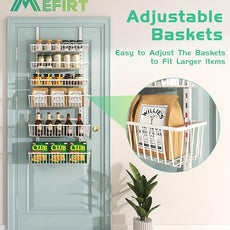 Over The Door Pantry Organizer, Pantry Organization and Storage, 6-Tier Deep Baskets Hanging Heavy-Duty Metal, Wall Spice Rack Seasoning Shelves for Home & Kitchen, Laundry Room Bathroom, White