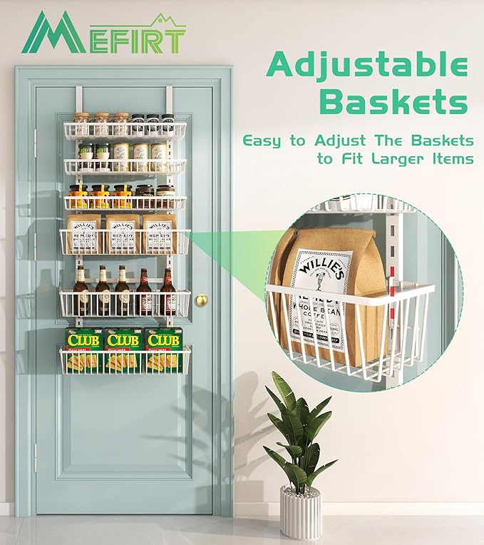 Over The Door Pantry Organizer, Pantry Organization and Storage, 6-Tier Deep Baskets Hanging Heavy-Duty Metal, Wall Spice Rack Seasoning Shelves for Home & Kitchen, Laundry Room Bathroom, White